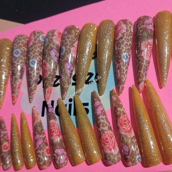 Floral Orange Shimmer Leopard Print Stiletto Press on Nails - Picture 3 of 4
